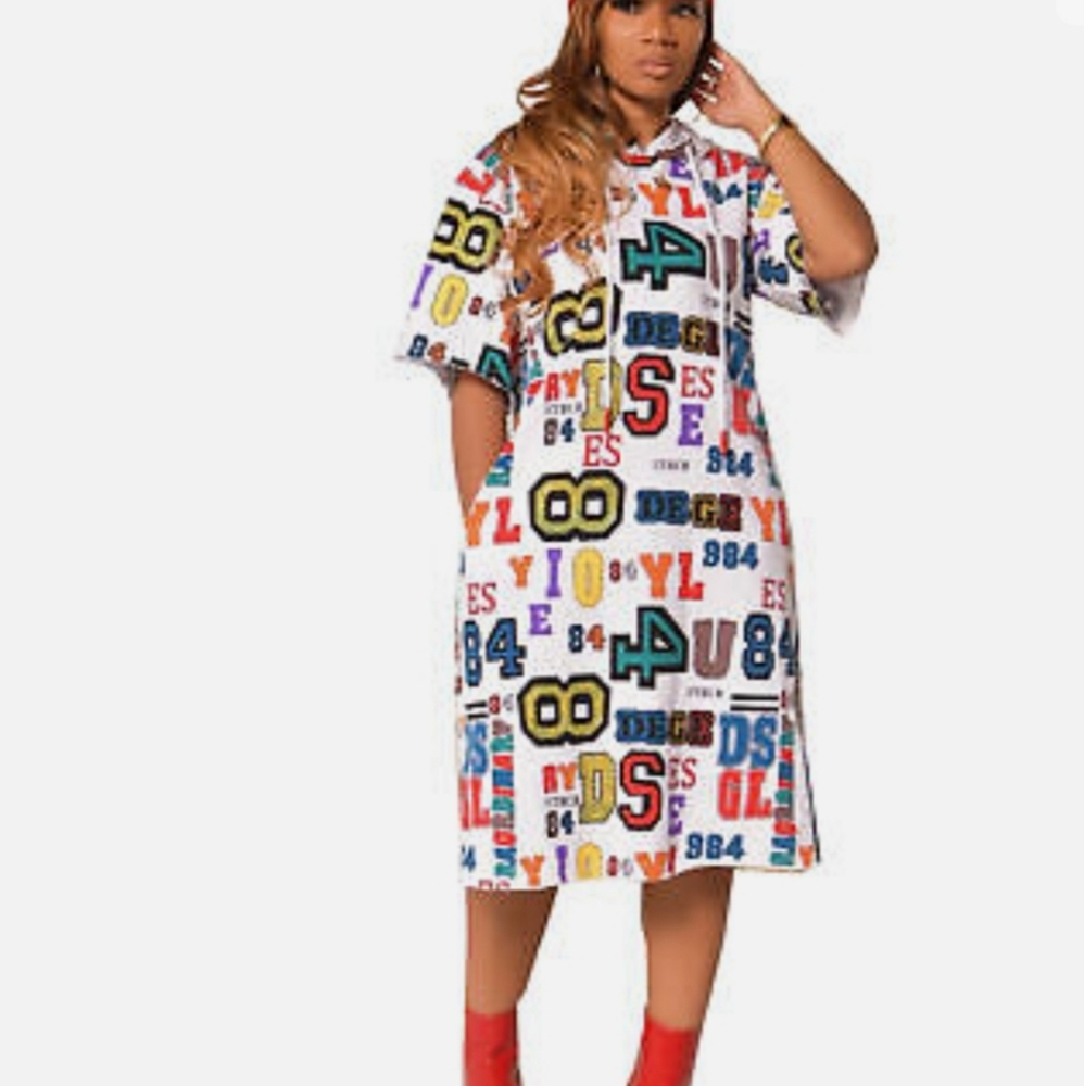 Multi Colored Lettered/ Numbered Hooded Sweater Dress